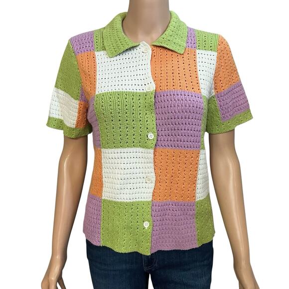 Vans Morrison Checkered Patchwork Cardigan Sweater Small Crochet Colorful Beachy - Picture 1 of 6